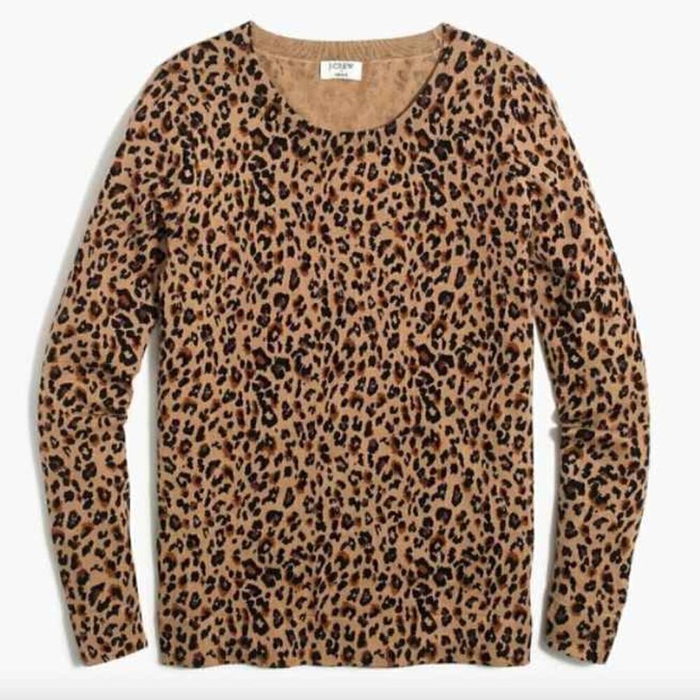 J. Crew Leopard Print Cotton Teddie Pullover Crew Neck Long Sleeve Sweater M